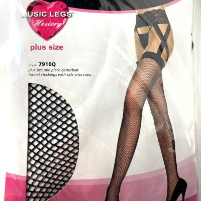 MUSIC LEGS PLUS SIZE FISHNET THIGH HIGH STOCKINGS W/ LACE GARTER BELT #7910Q NIP